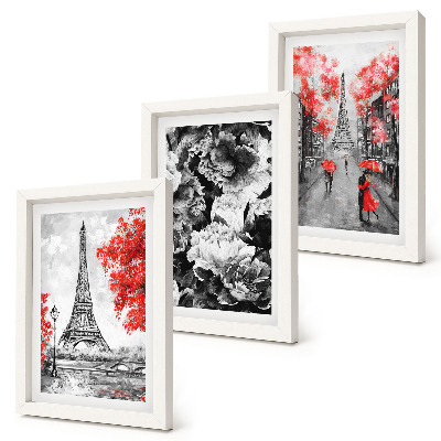 Set 3 tablouri Picturi gri cu Turnul Eiffel și accente roșii