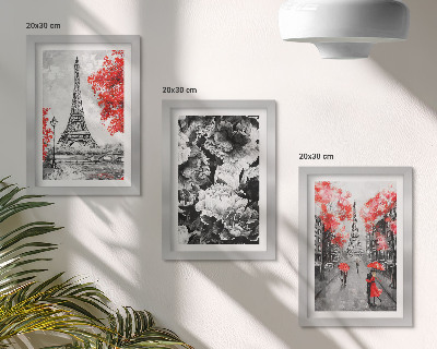 Set 3 tablouri Picturi gri cu Turnul Eiffel și accente roșii