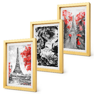 Set 3 tablouri Picturi gri cu Turnul Eiffel și accente roșii