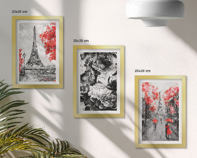Set 3 tablouri Picturi gri cu Turnul Eiffel și accente roșii