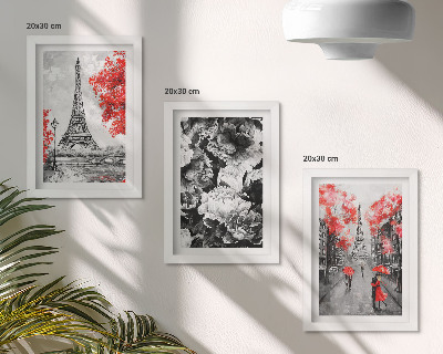 Set 3 tablouri Picturi gri cu Turnul Eiffel și accente roșii