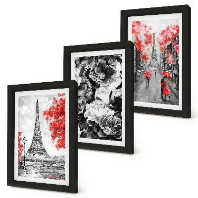 Set 3 tablouri Picturi gri cu Turnul Eiffel și accente roșii