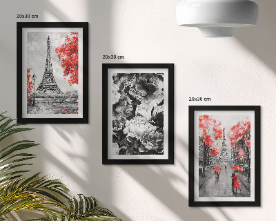 Set 3 tablouri Picturi gri cu Turnul Eiffel și accente roșii