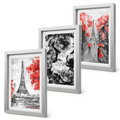 Set 3 tablouri Picturi gri cu Turnul Eiffel și accente roșii