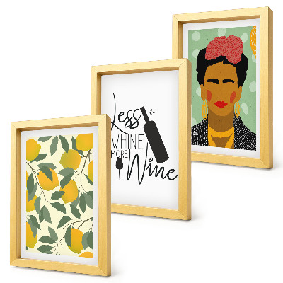 Set 3 tablouri Sloganul Lămâi despre vin, portretul Fridei Kahlo