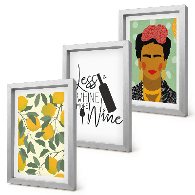 Set 3 tablouri Sloganul Lămâi despre vin, portretul Fridei Kahlo
