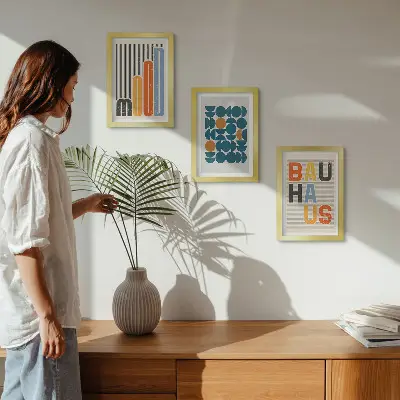 Galerie de perete cu postere având modele geometrice în stil Bauhaus
