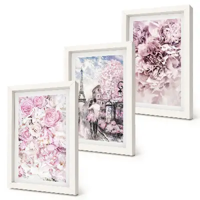 Galerie de perete cu motiv floral în nuanțe de roz și peisaj romantic