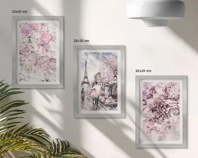 Galerie de perete cu motiv floral în nuanțe de roz și peisaj romantic