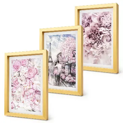 Galerie de perete cu motiv floral în nuanțe de roz și peisaj romantic