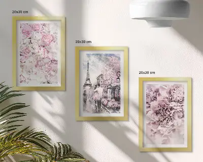 Galerie de perete cu motiv floral în nuanțe de roz și peisaj romantic