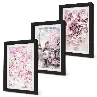 Galerie de perete cu motiv floral în nuanțe de roz și peisaj romantic