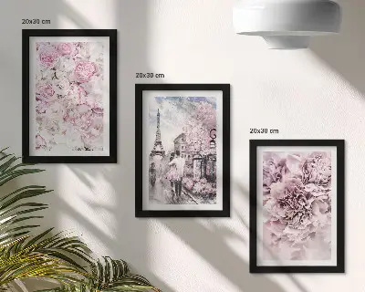 Galerie de perete cu motiv floral în nuanțe de roz și peisaj romantic
