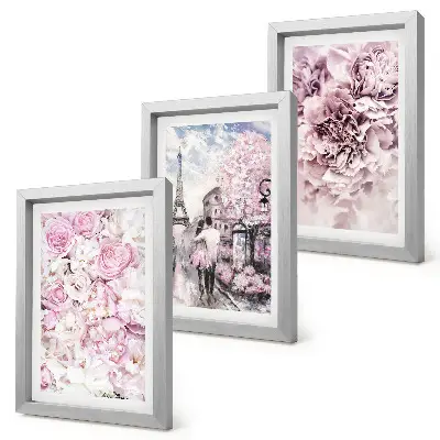 Galerie de perete cu motiv floral în nuanțe de roz și peisaj romantic