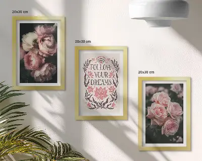 Set de 3 tablouri cu trandafiri vintage și inscripție despre vise