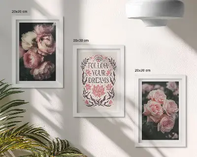 Set de 3 tablouri cu trandafiri vintage și inscripție despre vise