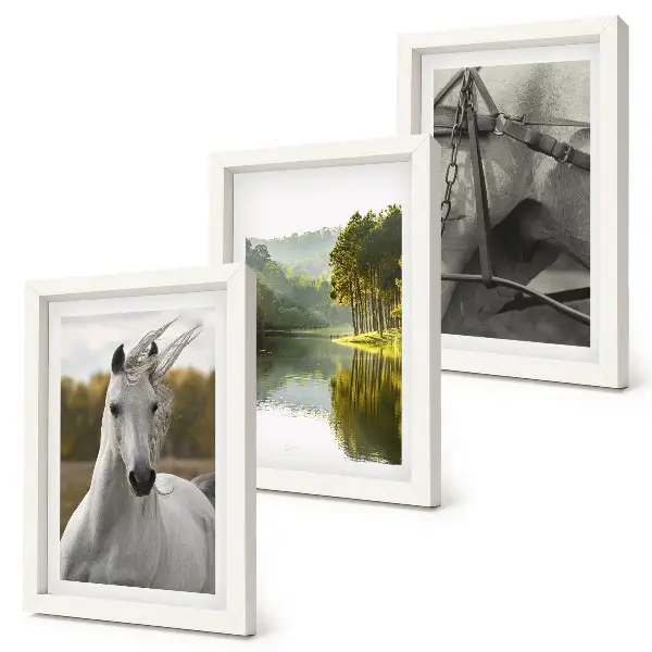 Set 3 tablouri cu cai albi lângă un peisaj natural cu râu