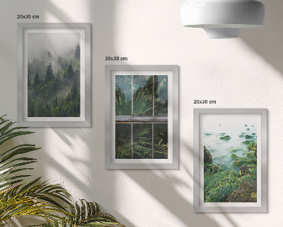 Set 3 tablouri O pădure în ceață, malul unui râu și o seră cu plante