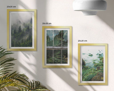 Set 3 tablouri O pădure în ceață, malul unui râu și o seră cu plante
