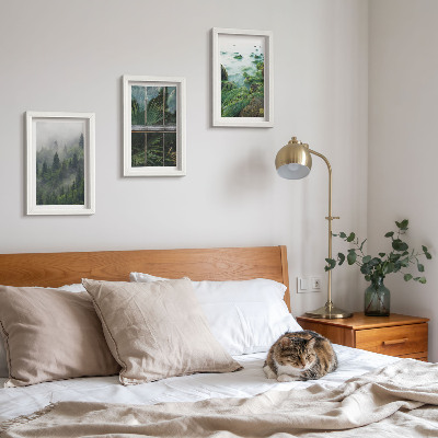 Set 3 tablouri O pădure în ceață, malul unui râu și o seră cu plante