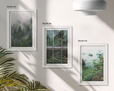 Set 3 tablouri O pădure în ceață, malul unui râu și o seră cu plante