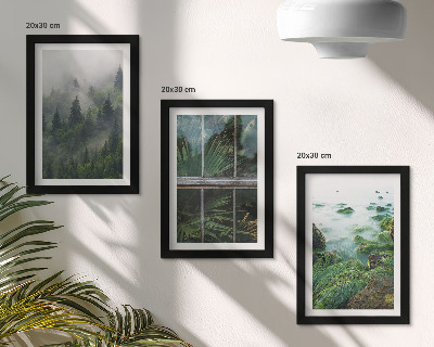 Set 3 tablouri O pădure în ceață, malul unui râu și o seră cu plante