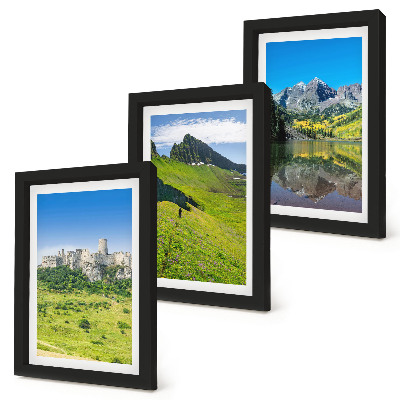 Set 3 tablouri Dealuri verzi cu un castel și peisaje montane