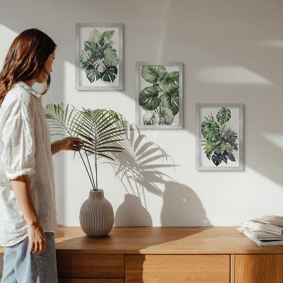 Set 3 tablouri Acuarele cu frunze verzi de plante tropicale