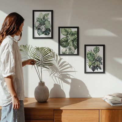 Set 3 tablouri Acuarele cu frunze verzi de plante tropicale