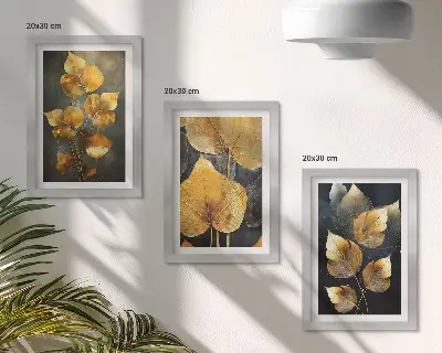 Set 3 tablouri cu frunze în nuanțe de galben pe un fundal închis