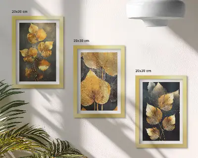 Set 3 tablouri cu frunze în nuanțe de galben pe un fundal închis