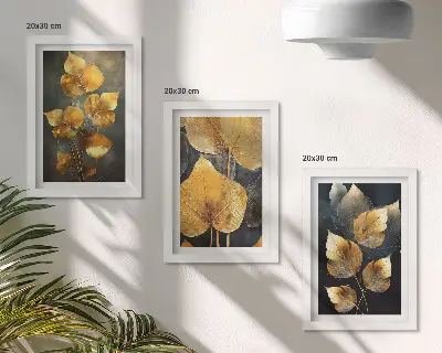 Set 3 tablouri cu frunze în nuanțe de galben pe un fundal închis