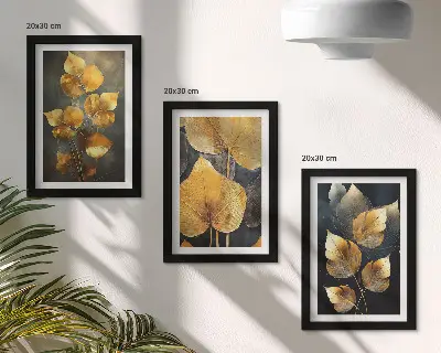 Set 3 tablouri cu frunze în nuanțe de galben pe un fundal închis