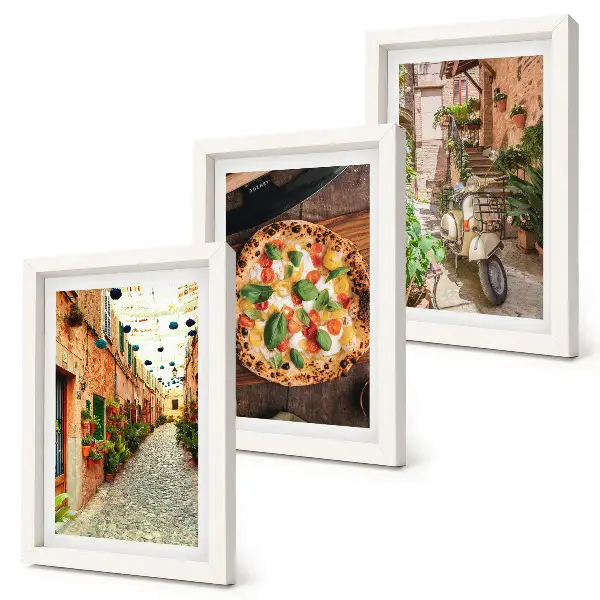 Galerie de perete cu străzi fermecătoare, plante și pizza italiană