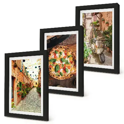 Galerie de perete cu străzi fermecătoare, plante și pizza italiană