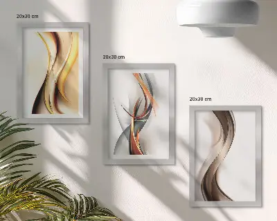 Set 3 tablouri cu model valuri în nuanțe de galben, gri și maro