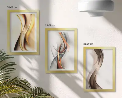Set 3 tablouri cu model valuri în nuanțe de galben, gri și maro