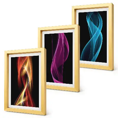 Set 3 tablouri cu valuri de linii neon colorate pe un fundal întunecat