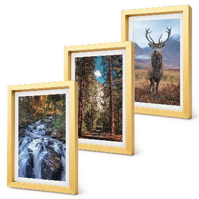 Set 3 tablouri Cascadă în pădure, munți și cerbi în natură