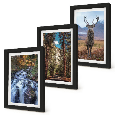 Set 3 tablouri Cascadă în pădure, munți și cerbi în natură