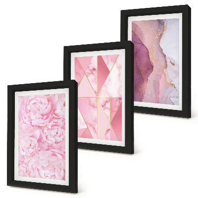 Set 3 tablouri Flori roz bujori modele geometrice