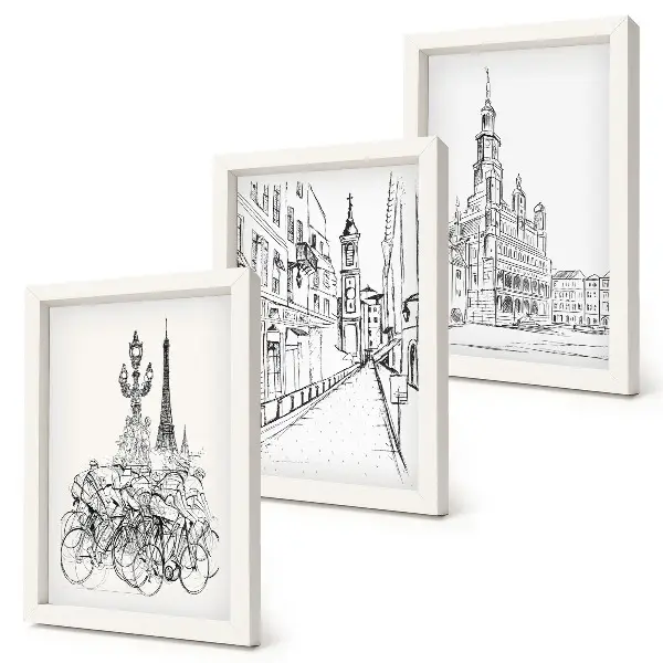 Set 3 tablouri cu desene simple reprezentând vederi ale orașului
