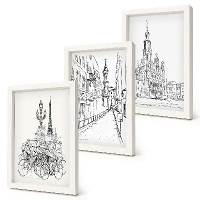 Set 3 tablouri cu desene simple reprezentând vederi ale orașului