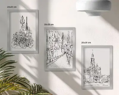 Set 3 tablouri cu desene simple reprezentând vederi ale orașului