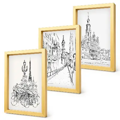 Set 3 tablouri cu desene simple reprezentând vederi ale orașului