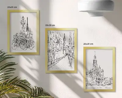 Set 3 tablouri cu desene simple reprezentând vederi ale orașului