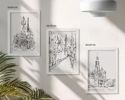 Set 3 tablouri cu desene simple reprezentând vederi ale orașului