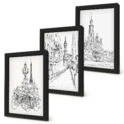 Set 3 tablouri cu desene simple reprezentând vederi ale orașului