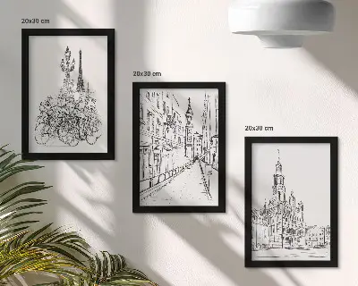 Set 3 tablouri cu desene simple reprezentând vederi ale orașului