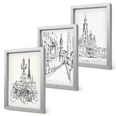 Set 3 tablouri cu desene simple reprezentând vederi ale orașului